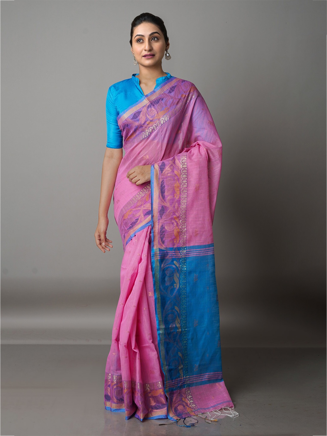 

Unnati Silks Pink & Blue Woven Design Zari Silk Cotton Jamdani Saree