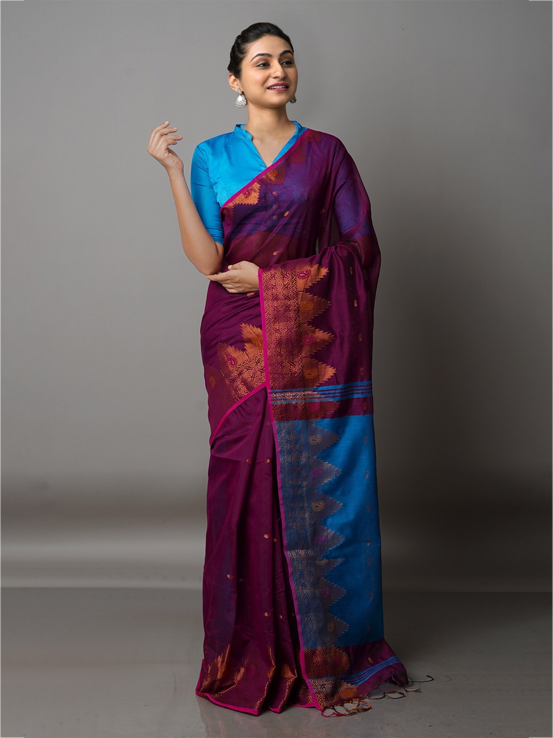 

Unnati Silks Purple & Blue Woven Design Zari Silk Cotton Jamdani Saree