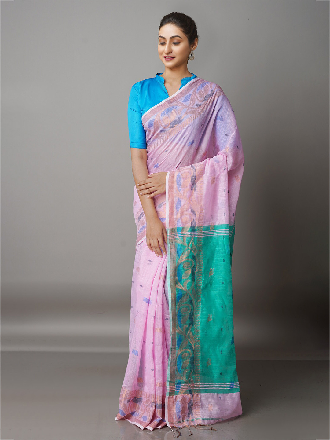 

Unnati Silks Peach-Coloured & Green Woven Design Zari Silk Cotton Jamdani Saree