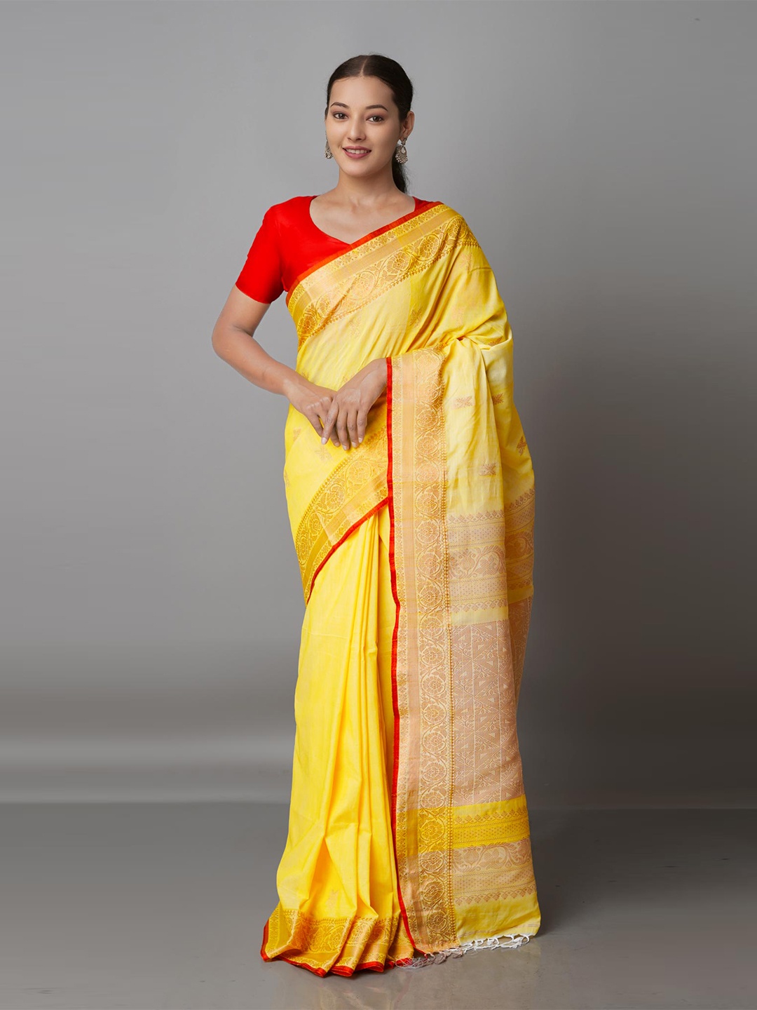 

Unnati Silks Yellow & Red Woven Design Zari Jamdani Saree