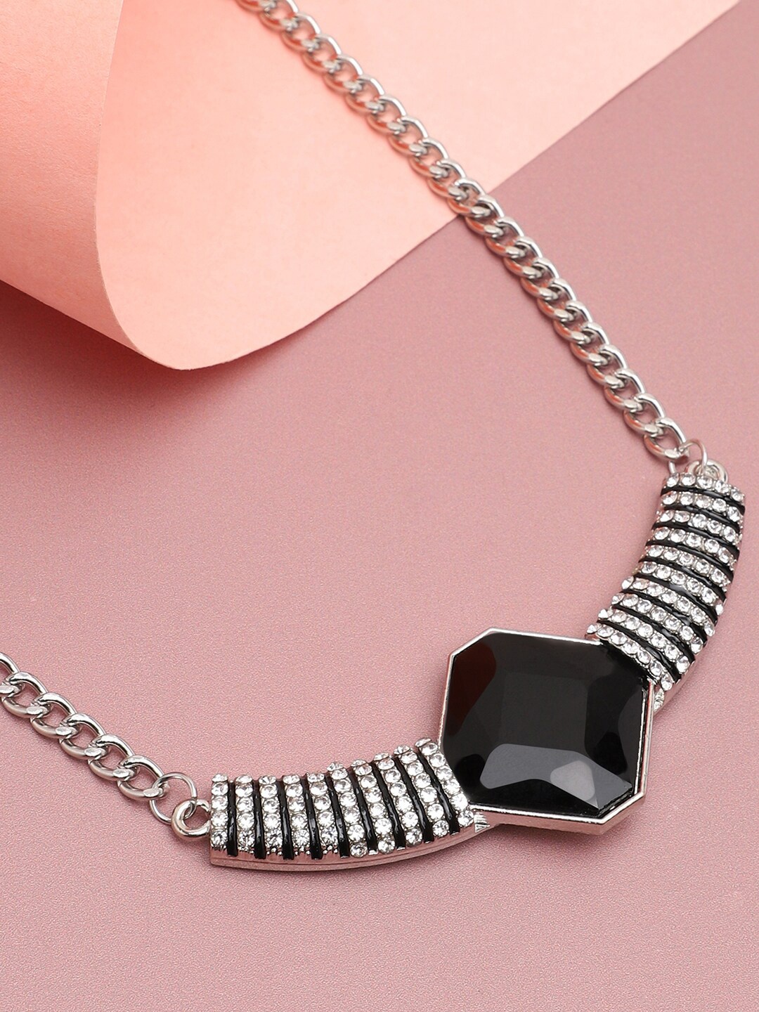 

SOHI Silver-Toned & Black Silver-Plated Necklace