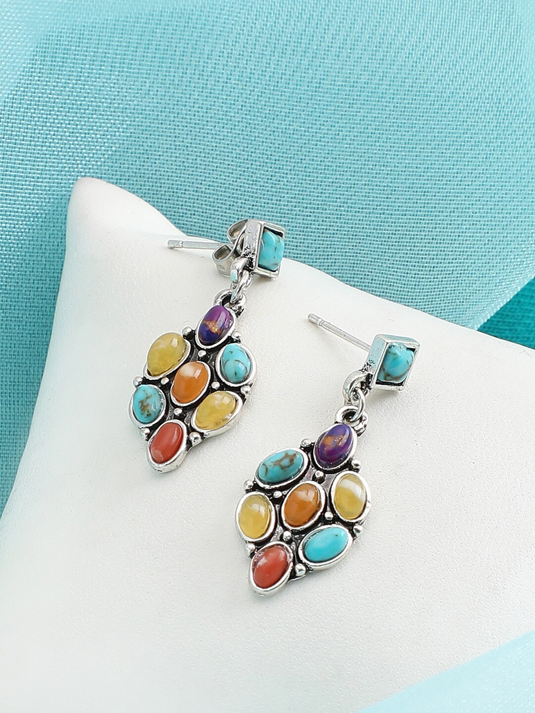 

SOHI Blue & Yellow Contemporary Silver Plated Drop Earrings