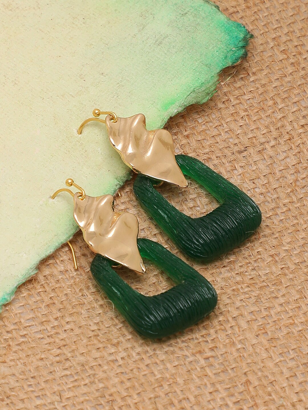 

SOHI Green & Gold-Plated Contemporary Drop Earrings