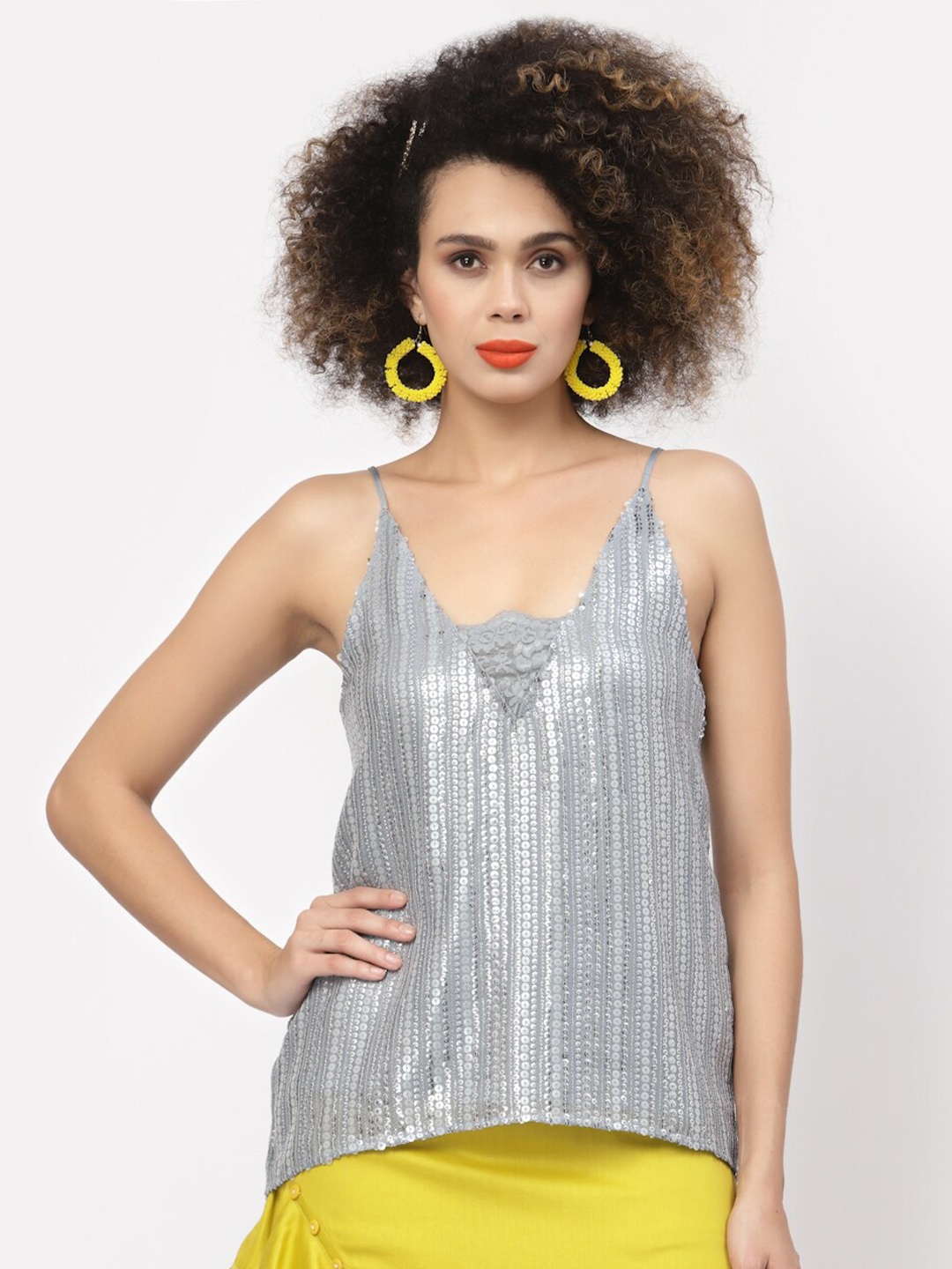 

LELA Silver-Toned Embellished Sequin Top