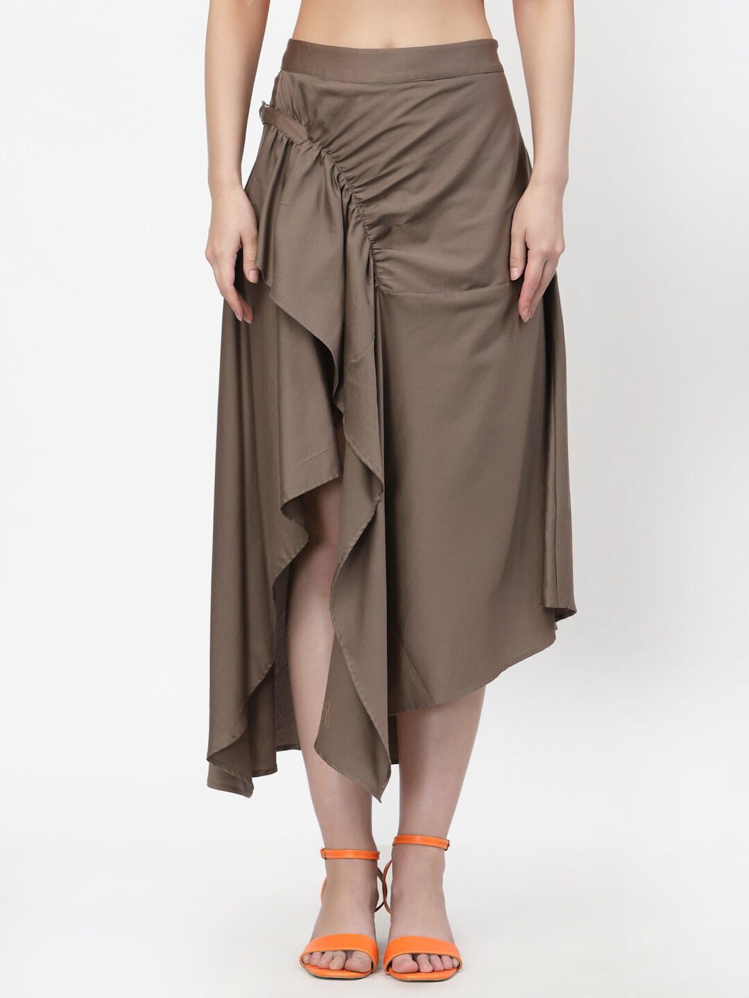 

LELA Women Solid Cotton Cambric Asymmetrical Ruffles Midi Skirts, Brown