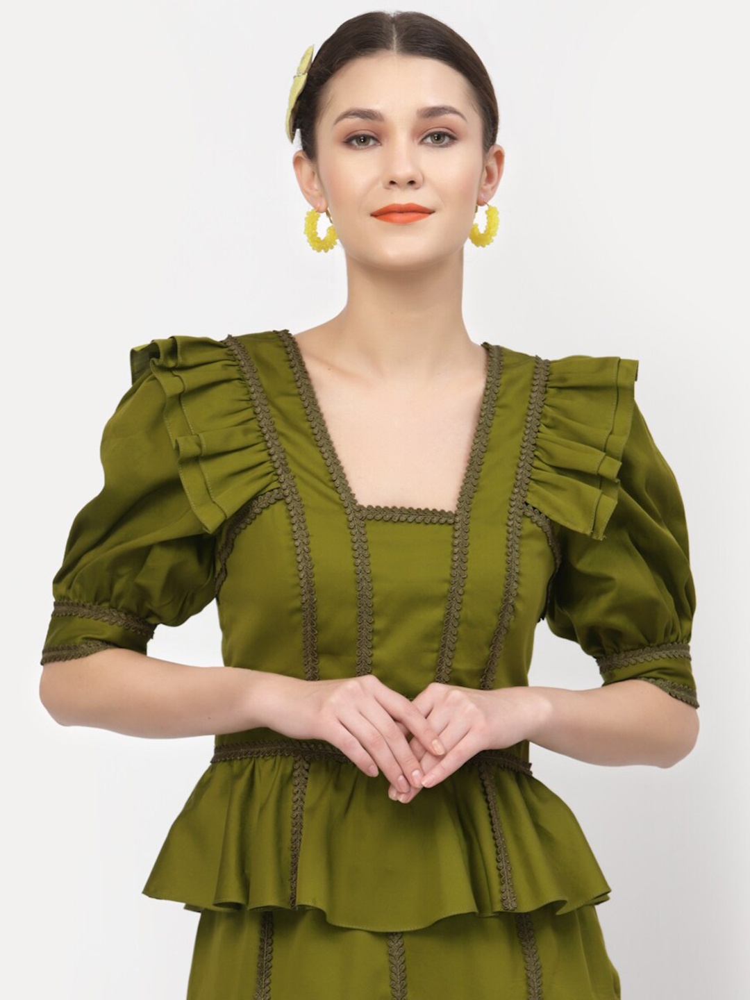 

LELA Olive Green Solid Ruffles Peplum Top