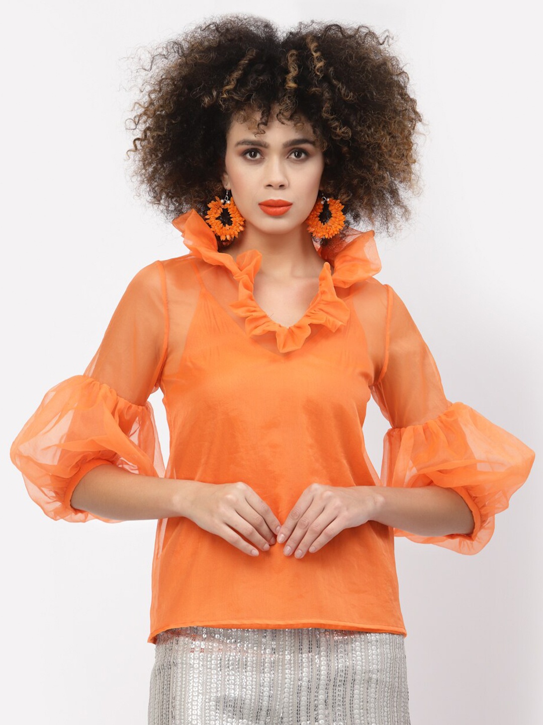 

LELA Orange Solid Puff Sleeves Ruffles Top