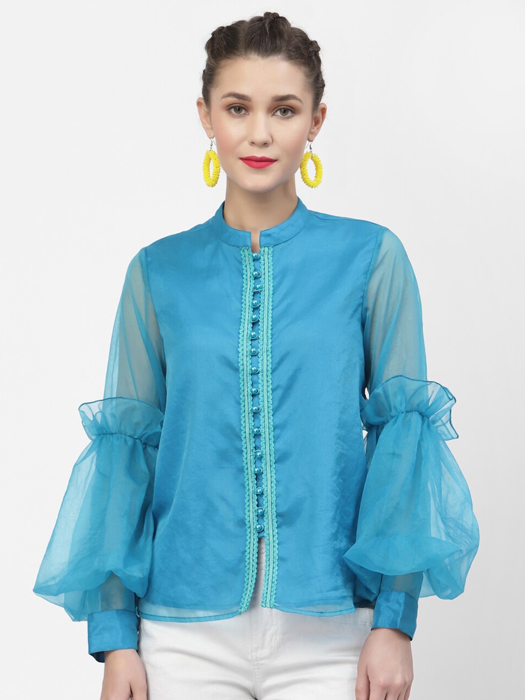 

LELA Turquoise Blue Mandarin Collar Bishop Sleeves Shirt Style Top