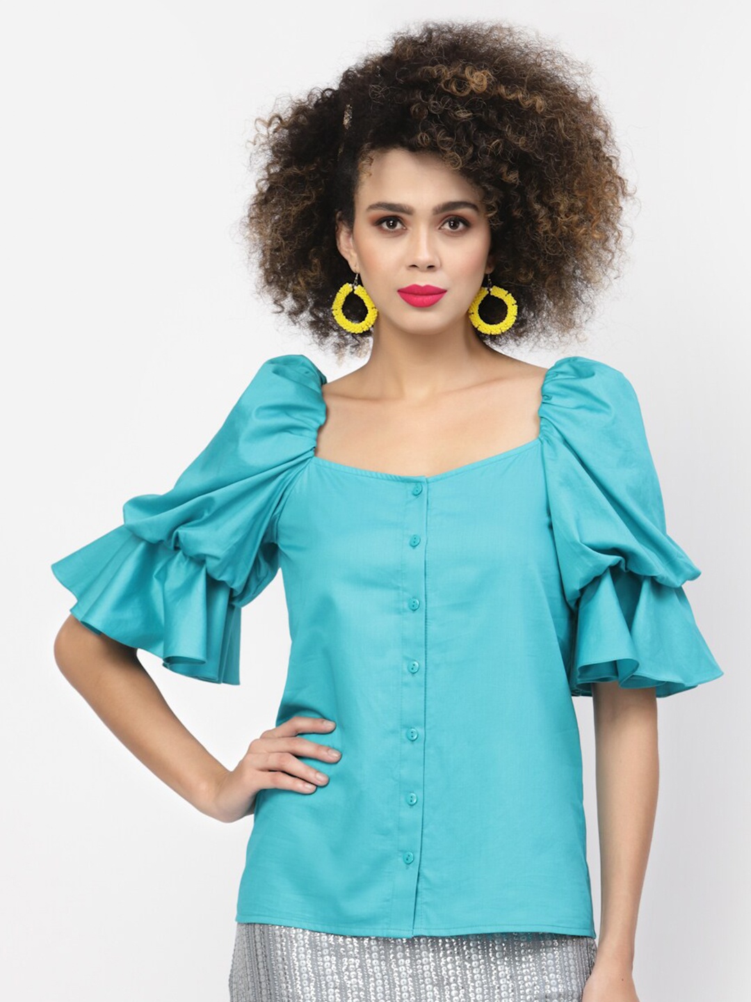 

LELA Solid Puff Sleeves Sweetheart Neck Regular Top, Turquoise blue