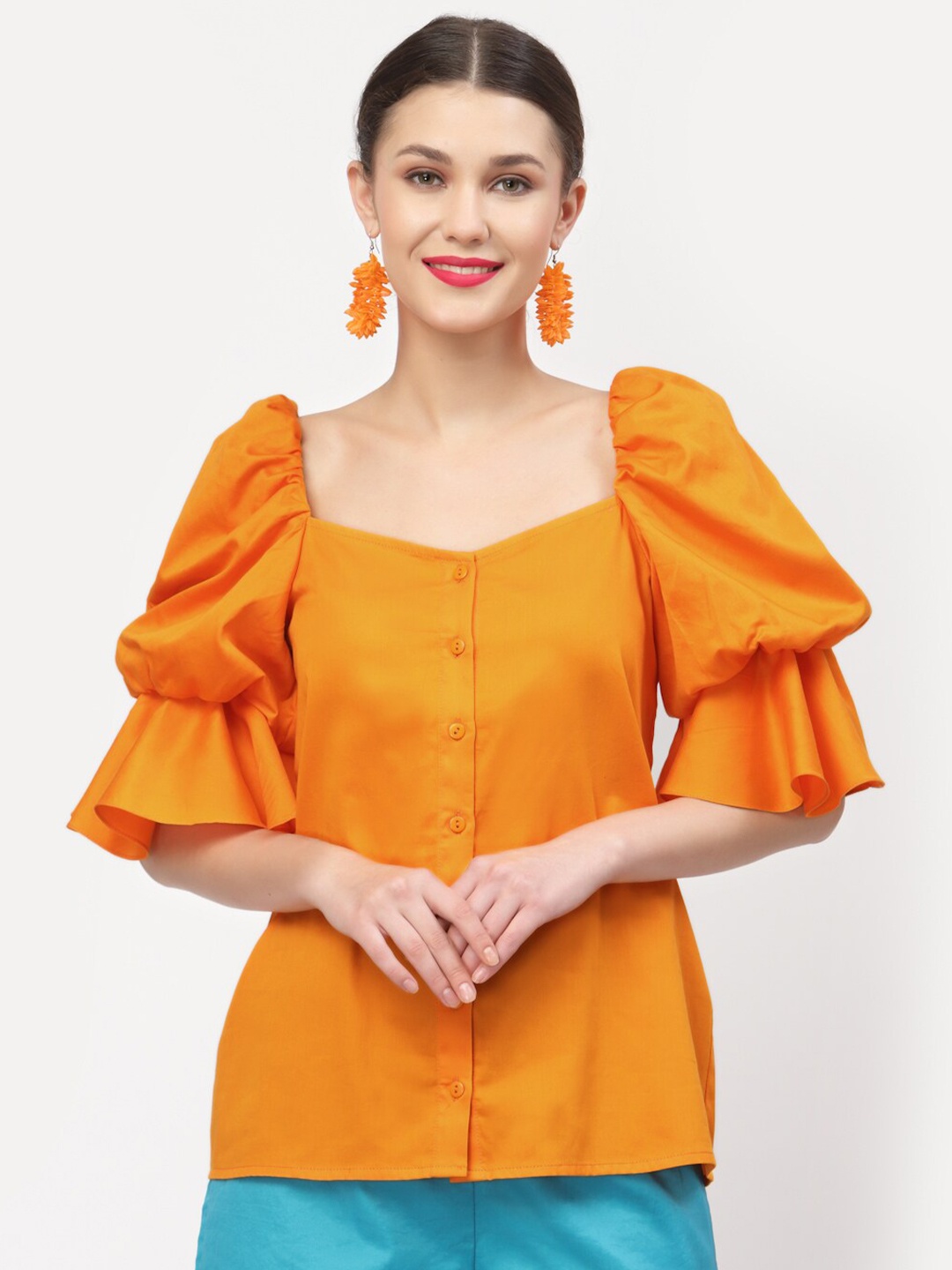 

LELA Orange Solid Sweetheart Neck Top