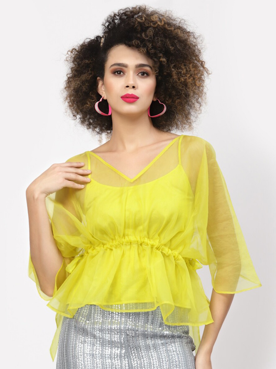 

LELA Yellow Solid Cinched Waist Top