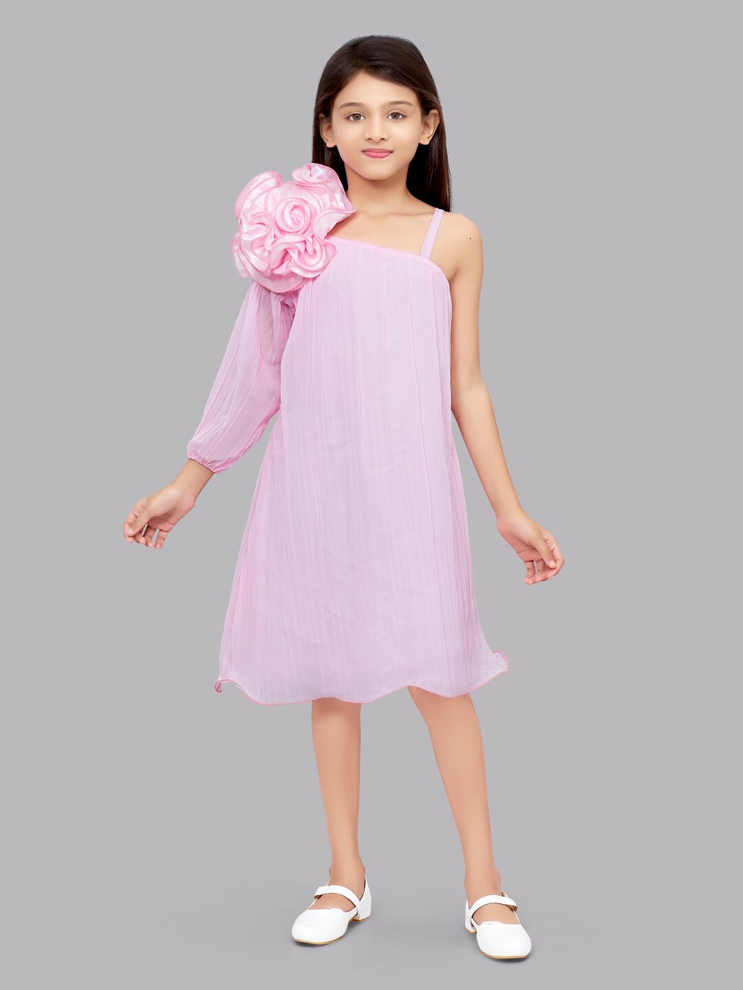 

Pink Chick Pink One Shoulder Georgette A-Line Dress