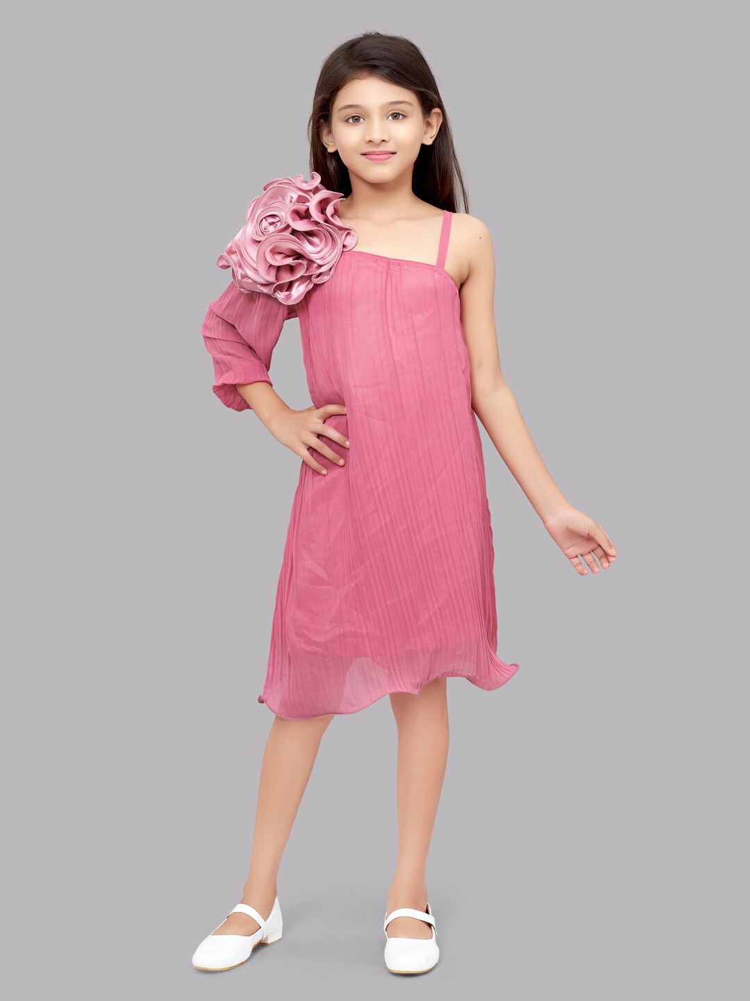 

Pink Chick Girls Rose One Shoulder Applique Georgette A-Line Dress