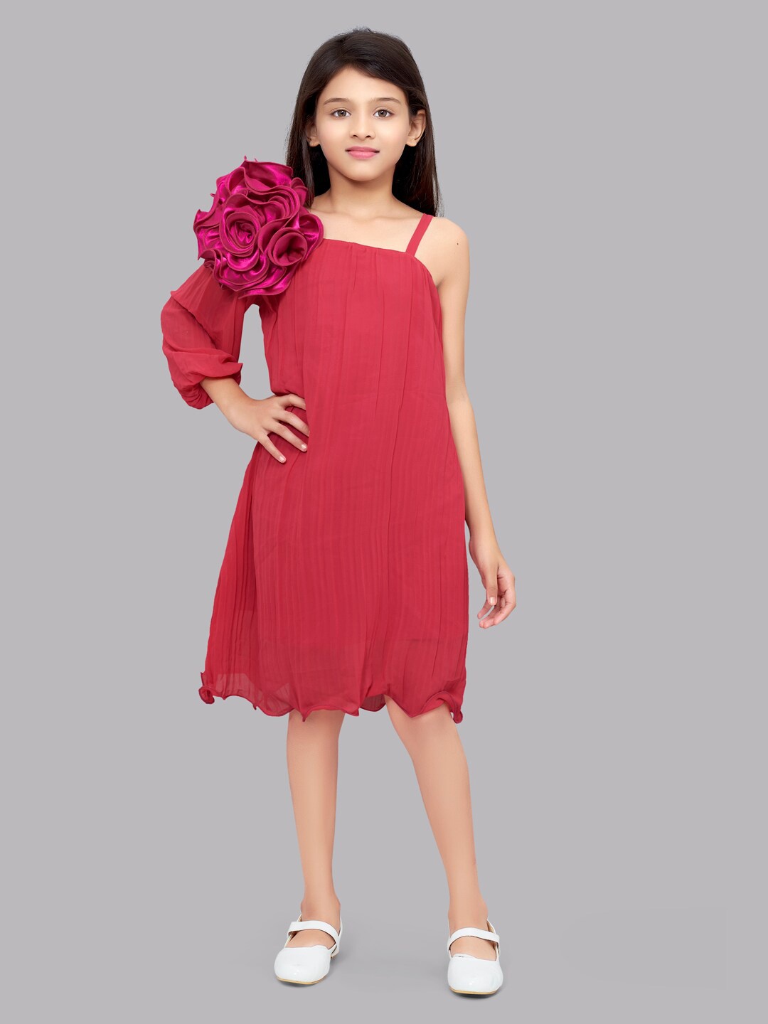 

Pink Chick Girls Fuchsia One Shoulder Applique Georgette A-Line Dress