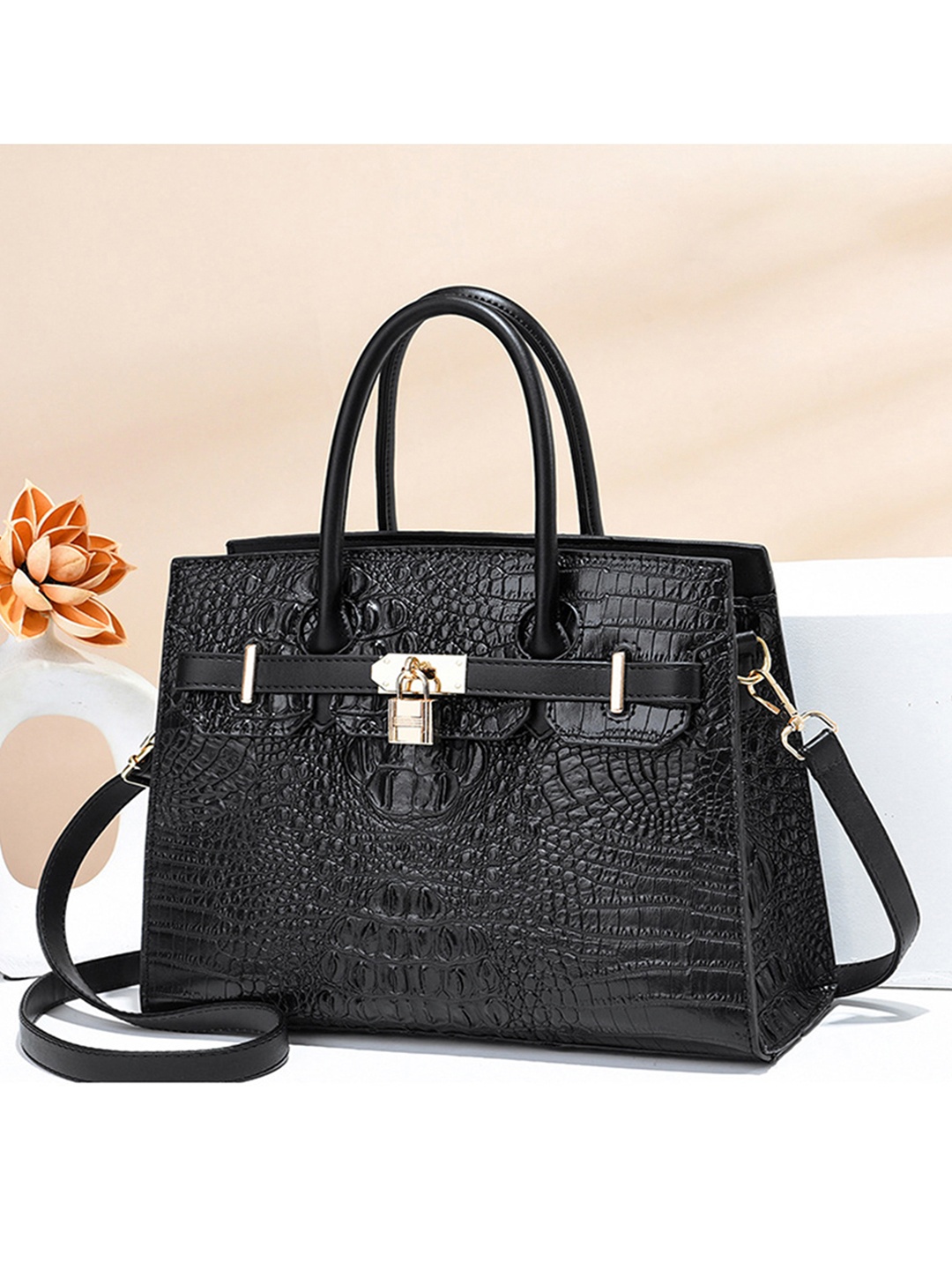 

Angeline Black Textured Structured Handheld Bag