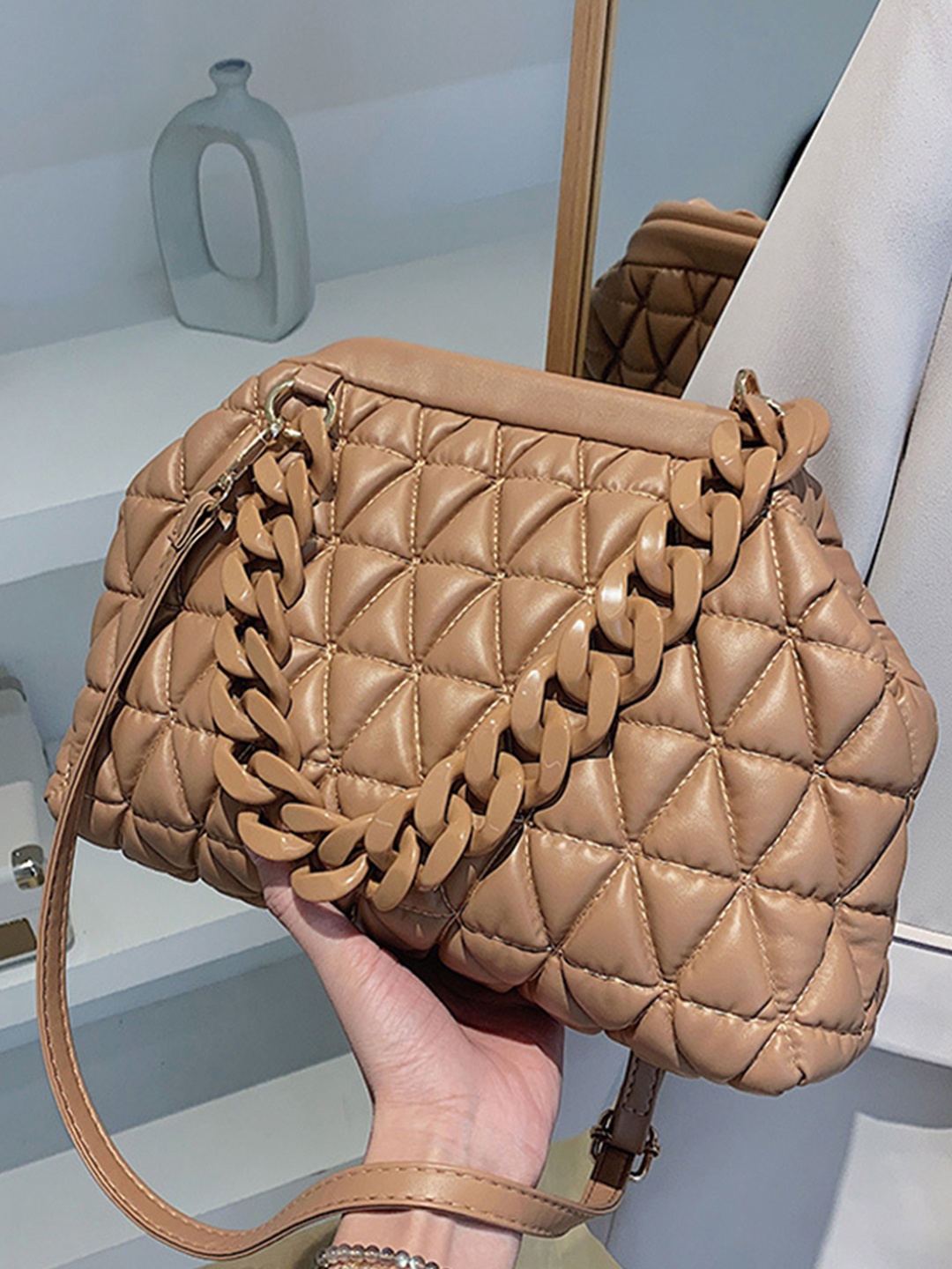 

Angeline Beige Structured Handheld Bag with Quilted