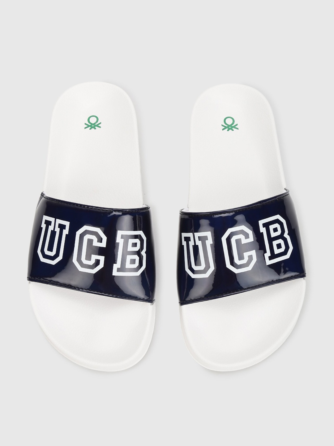 United Colors of Benetton Women White & Navy Blue Printed Sliders