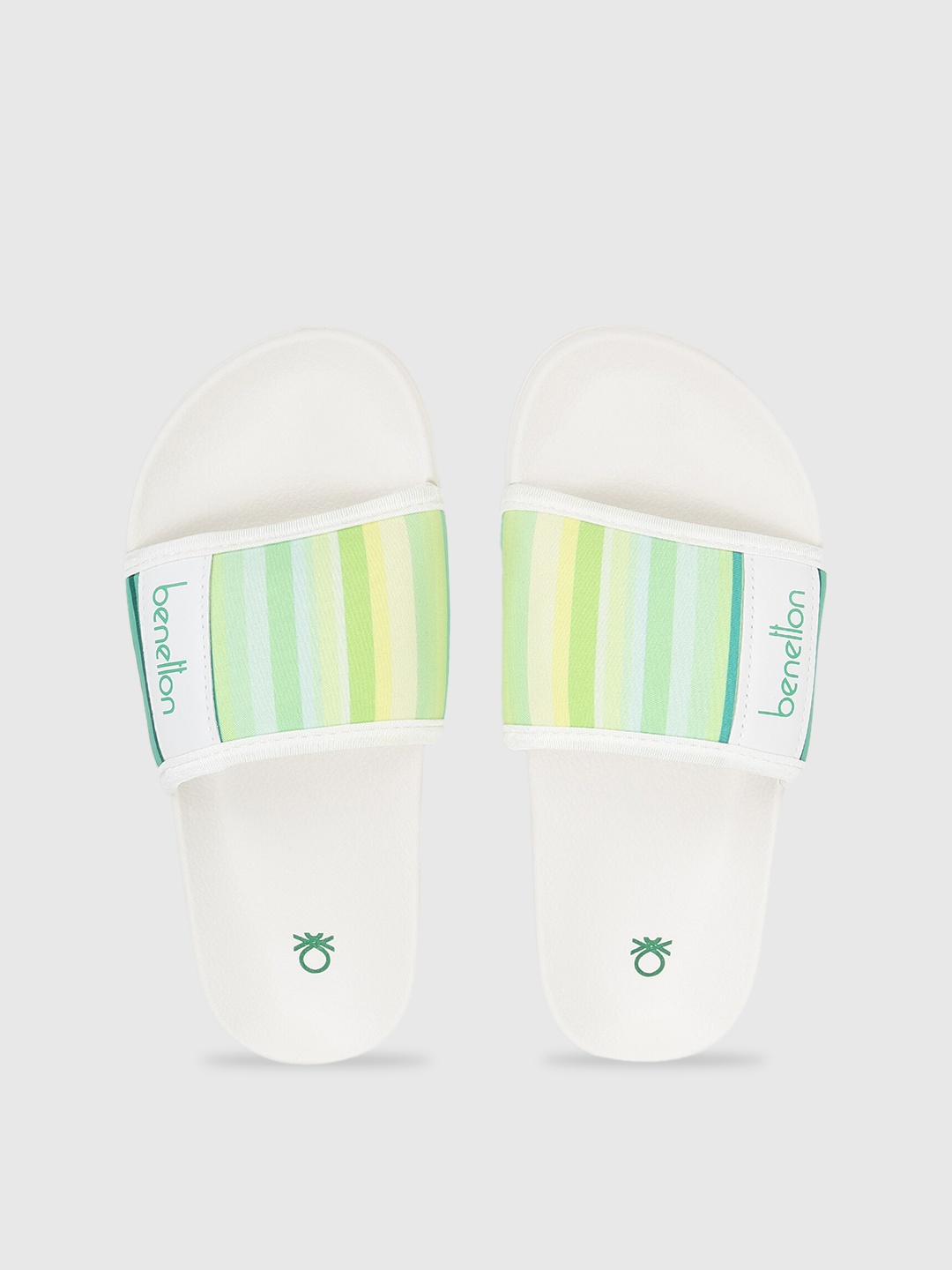 

United Colors of Benetton Women White & Green Striped Sliders