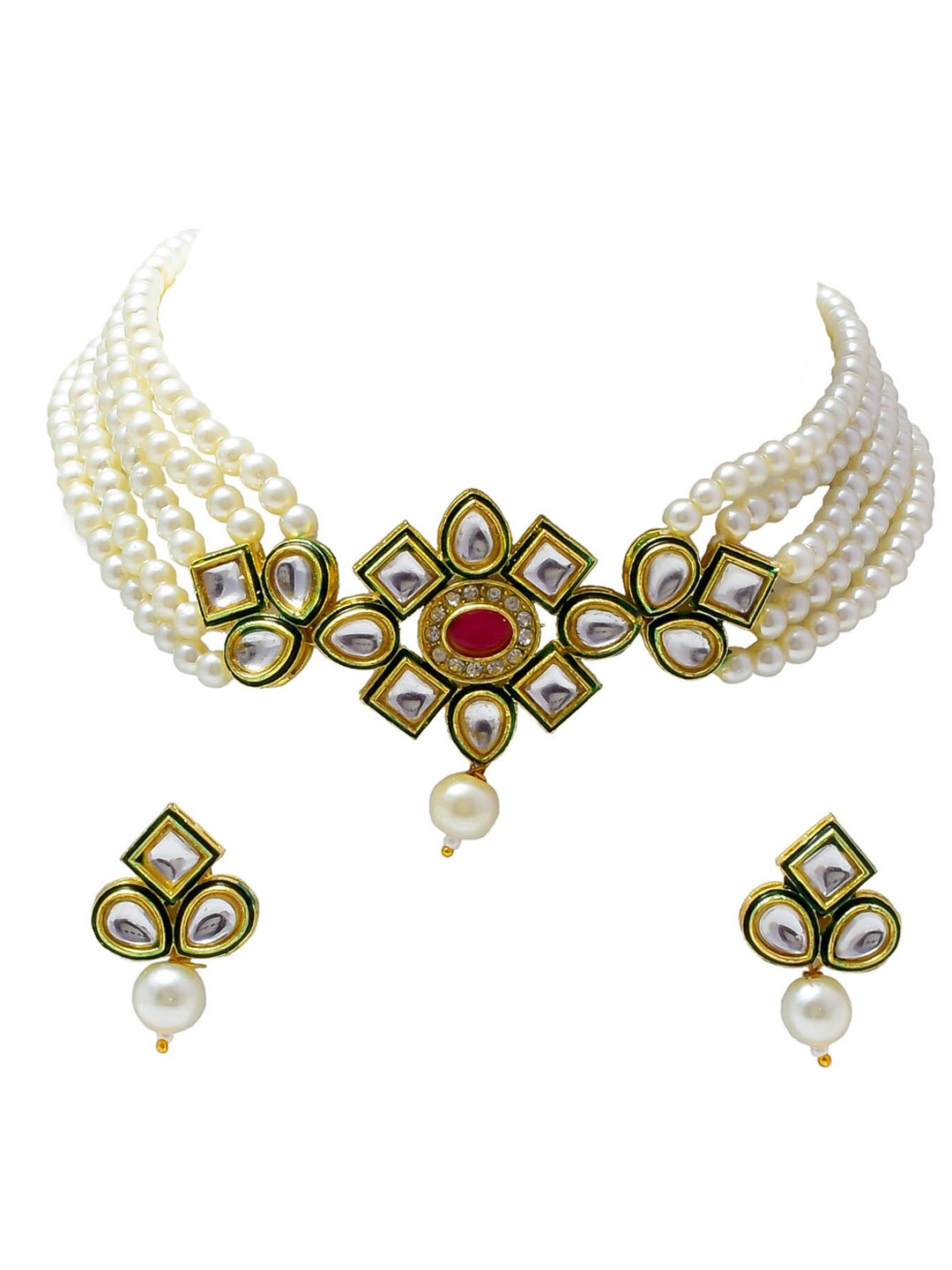 

Jewar Mandi Gold-Plated White Kundan Studded & Beaded Jewellery Set