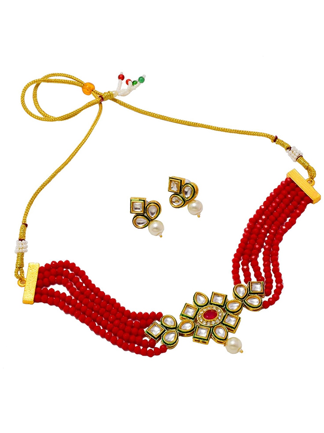 

Jewar Mandi Gold-Plated Red & White Kundan Studded & Pearl Beaded Jewellery Set