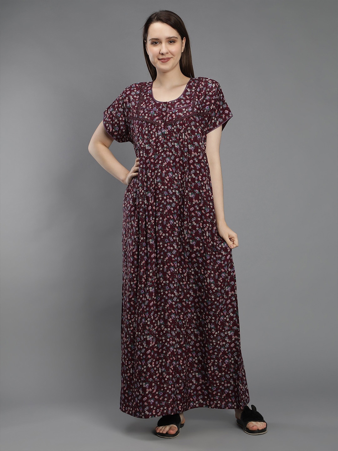

NIGHTSPREE Maroon Printed Maxi Pure Cotton Nightdress