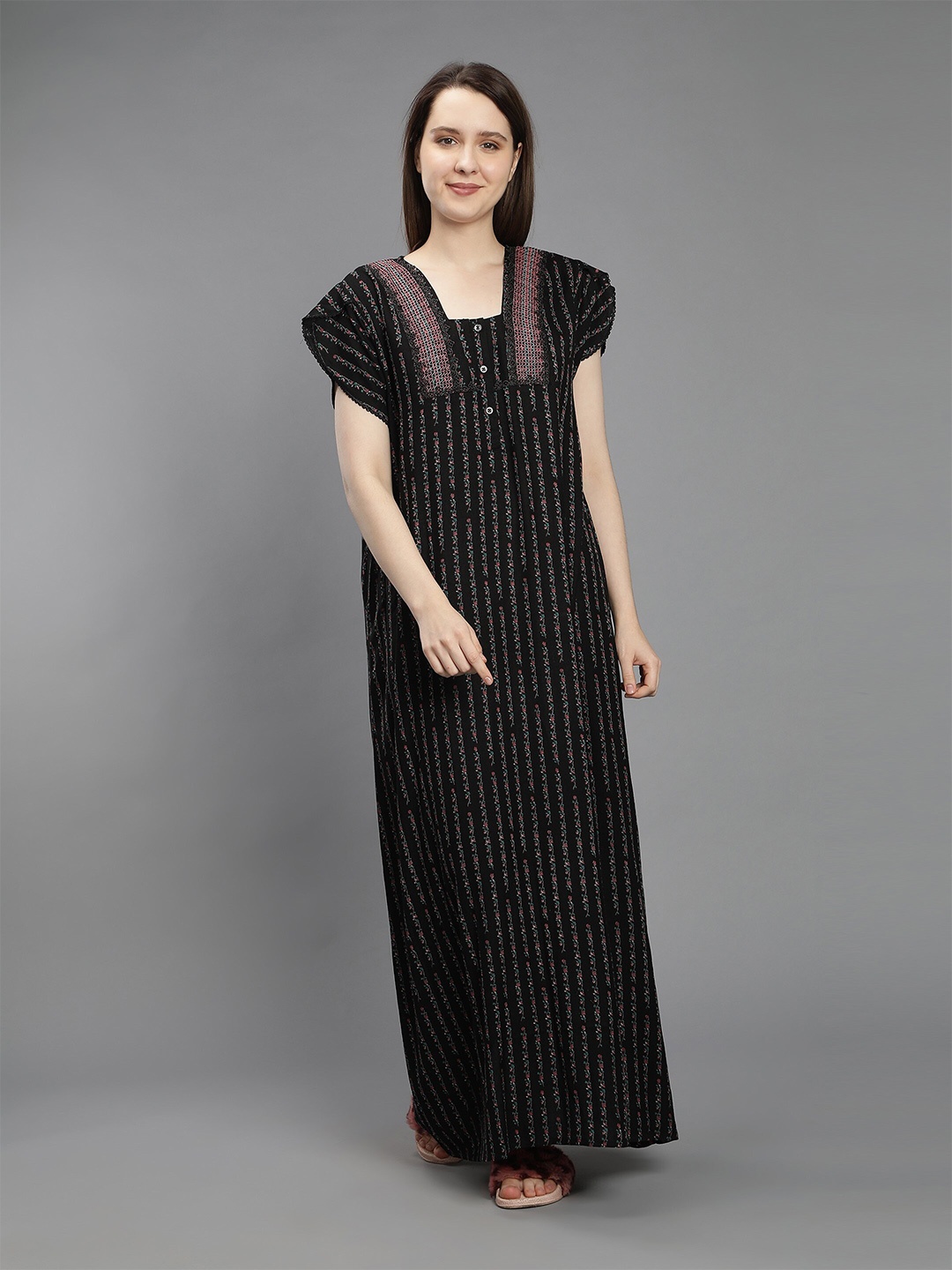 

NIGHTSPREE Black Printed Maxi Pure Cotton Nightdress