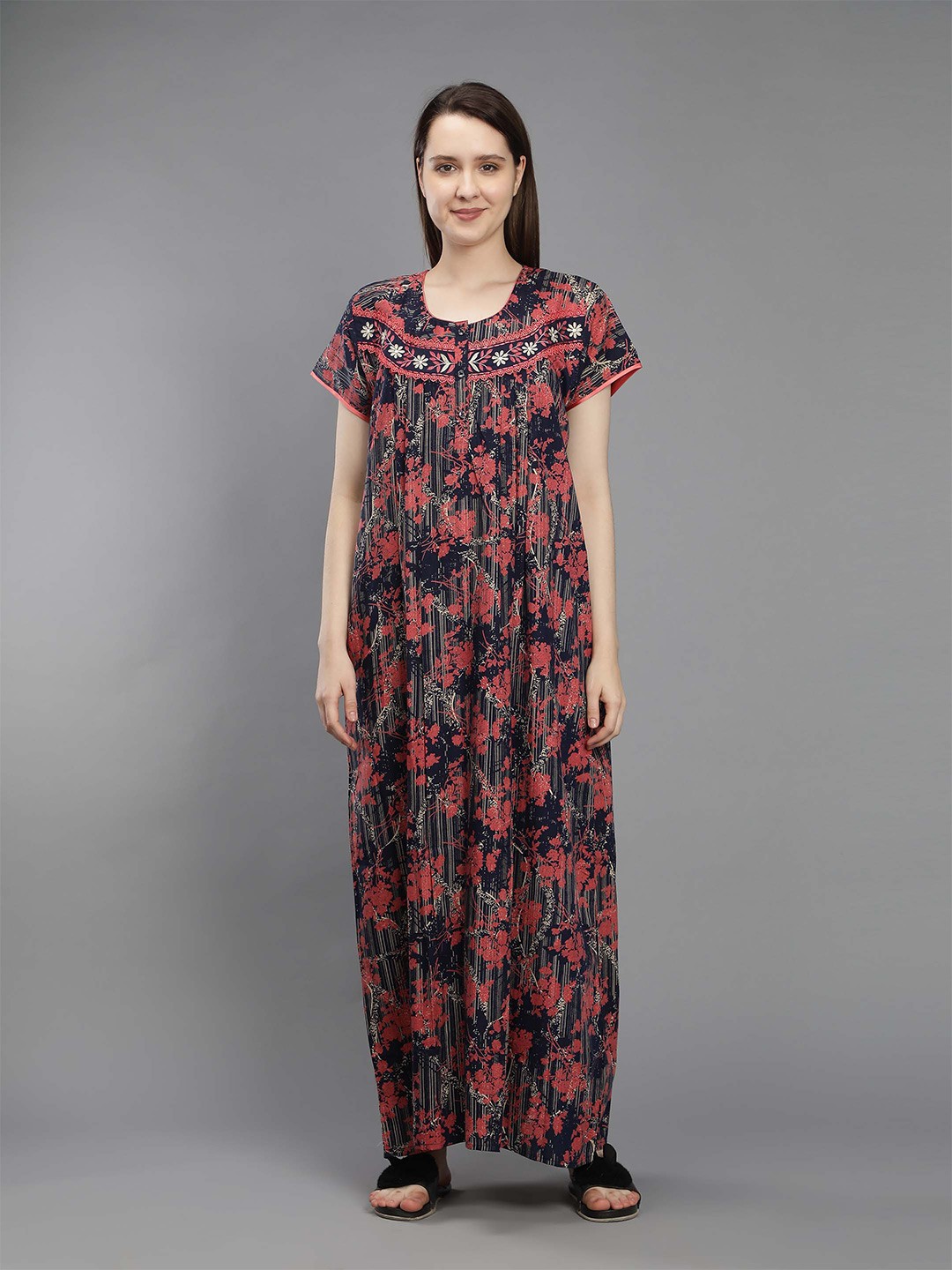 

NIGHTSPREE Red Printed Maxi Pure Cotton Nightdress