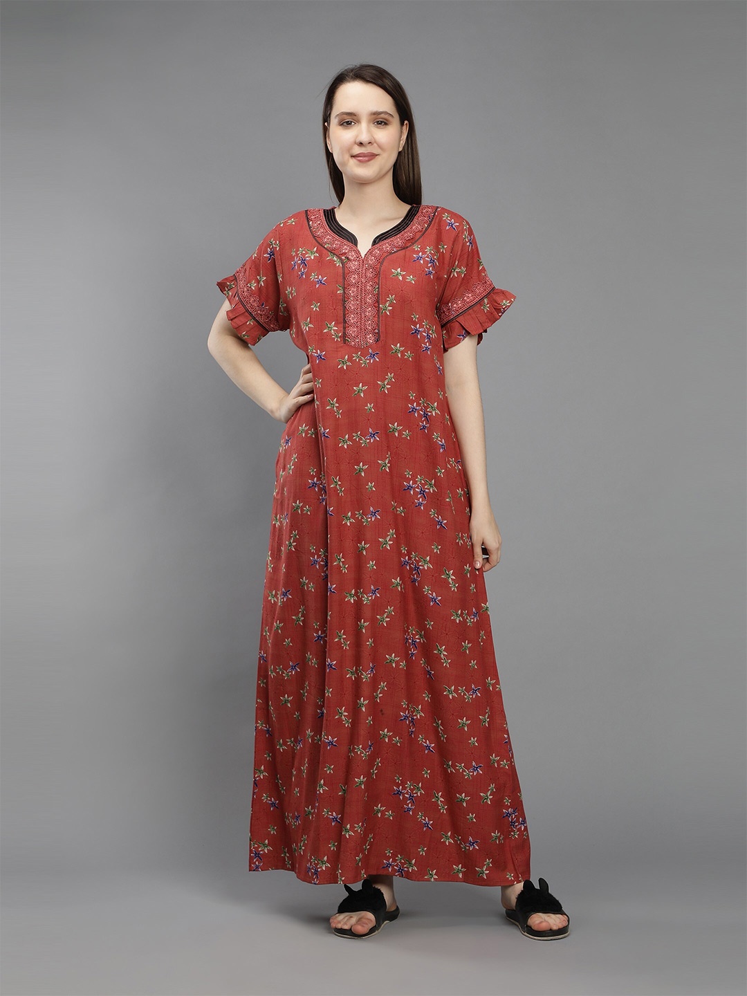 

NIGHTSPREE Orange Printed Maxi Pure Cotton Nightdress