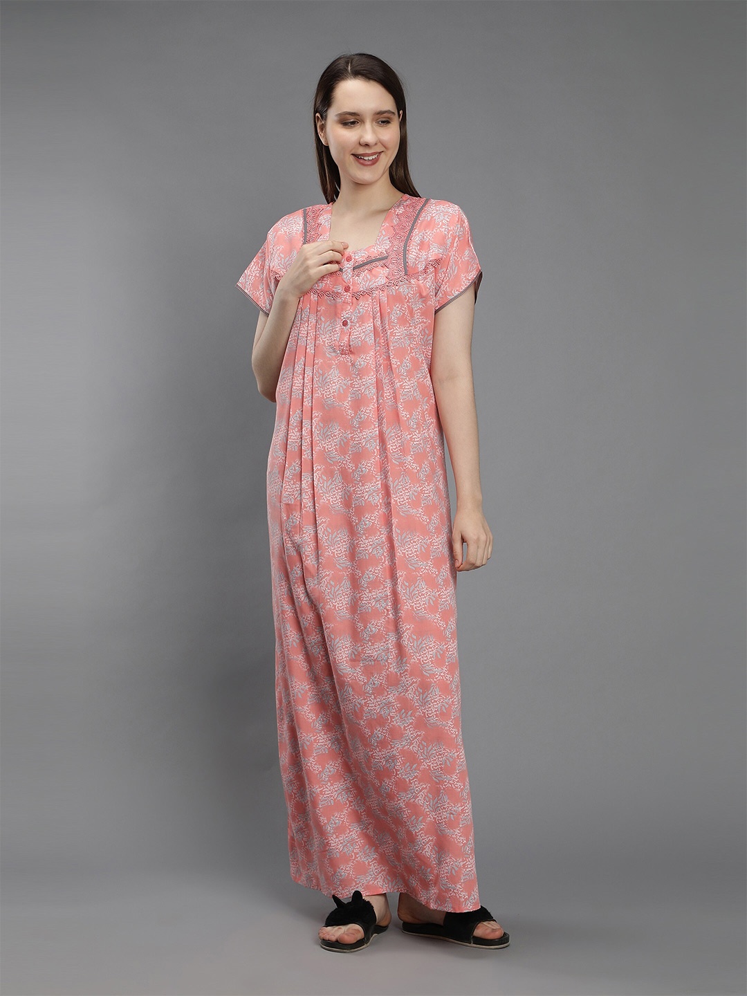 

NIGHTSPREE Peach-Coloured Printed Maxi Pure Cotton Nightdress