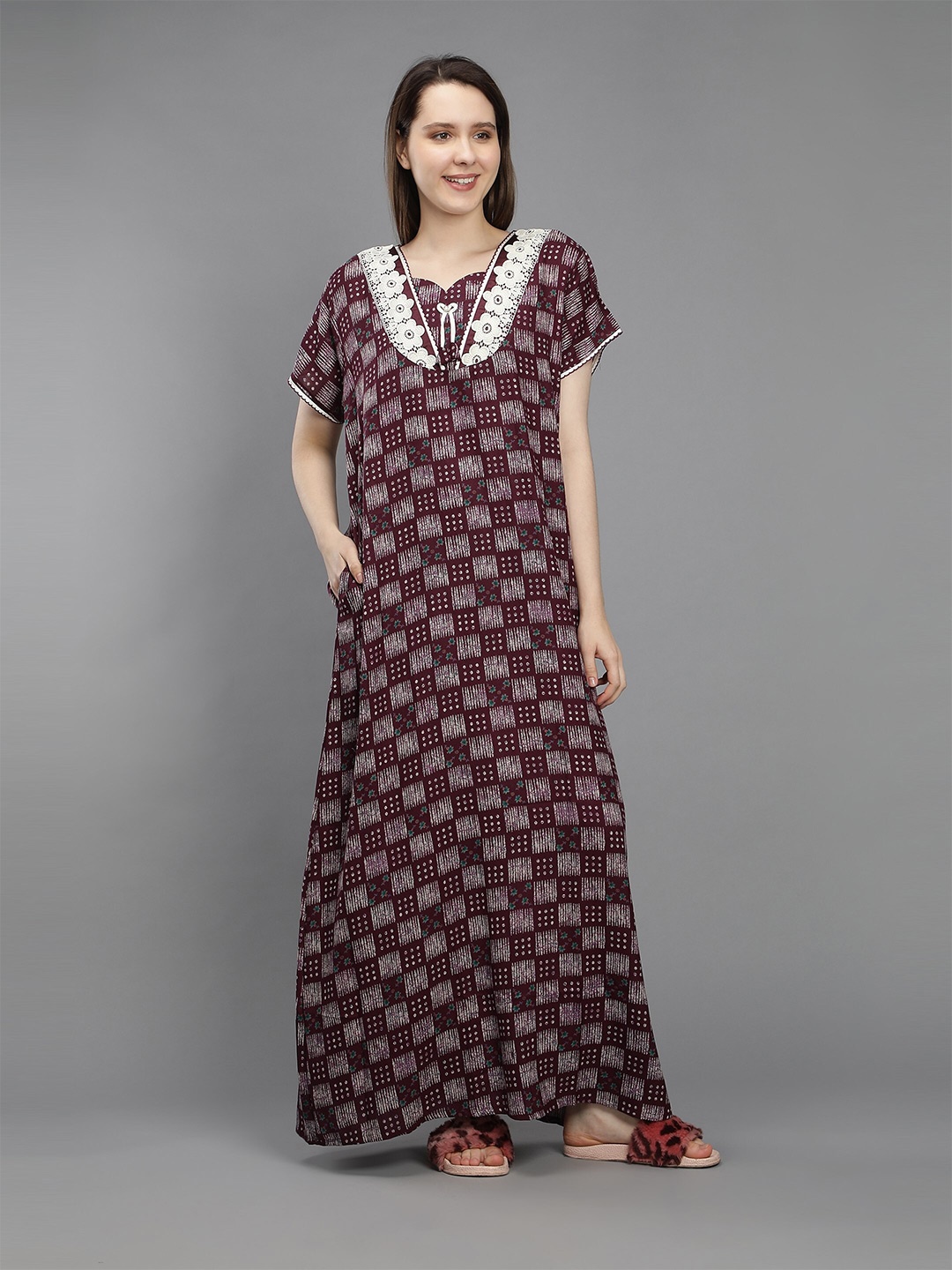 

NIGHTSPREE Maroon Printed Maxi Pure Cotton Nightdress
