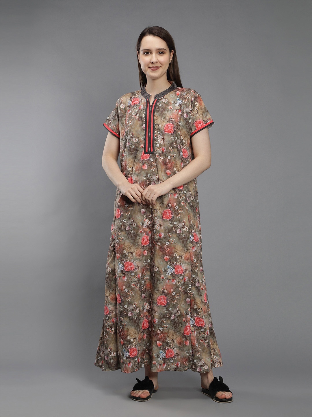 

NIGHTSPREE Yellow Printed Maxi Pure Cotton Nightdress