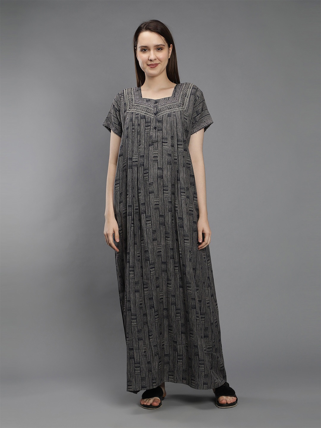 

NIGHTSPREE Navy Blue Printed Maxi Pure Cotton Nightdress
