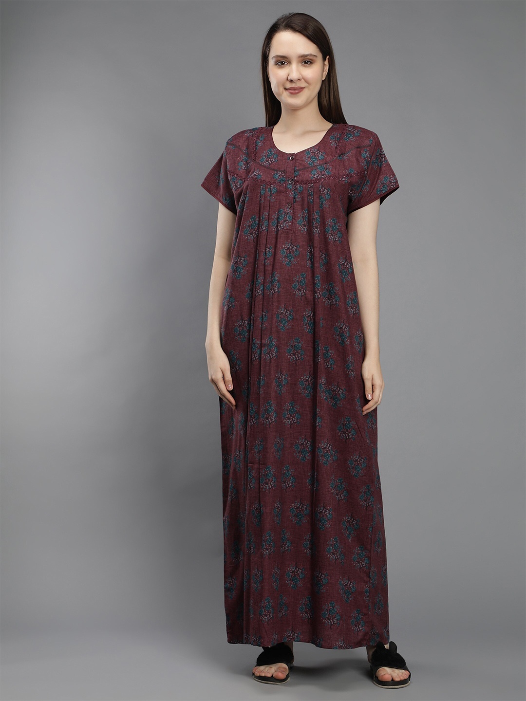 

NIGHTSPREE Maroon Printed Maxi Pure Cotton Nightdress
