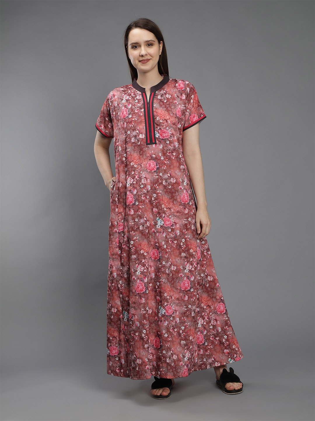 

NIGHTSPREE Red Printed Maxi Pure Cotton Nightdress