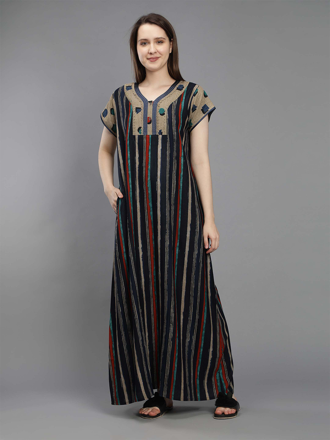 

NIGHTSPREE Blue Striped Maxi Pure Cotton Nightdress