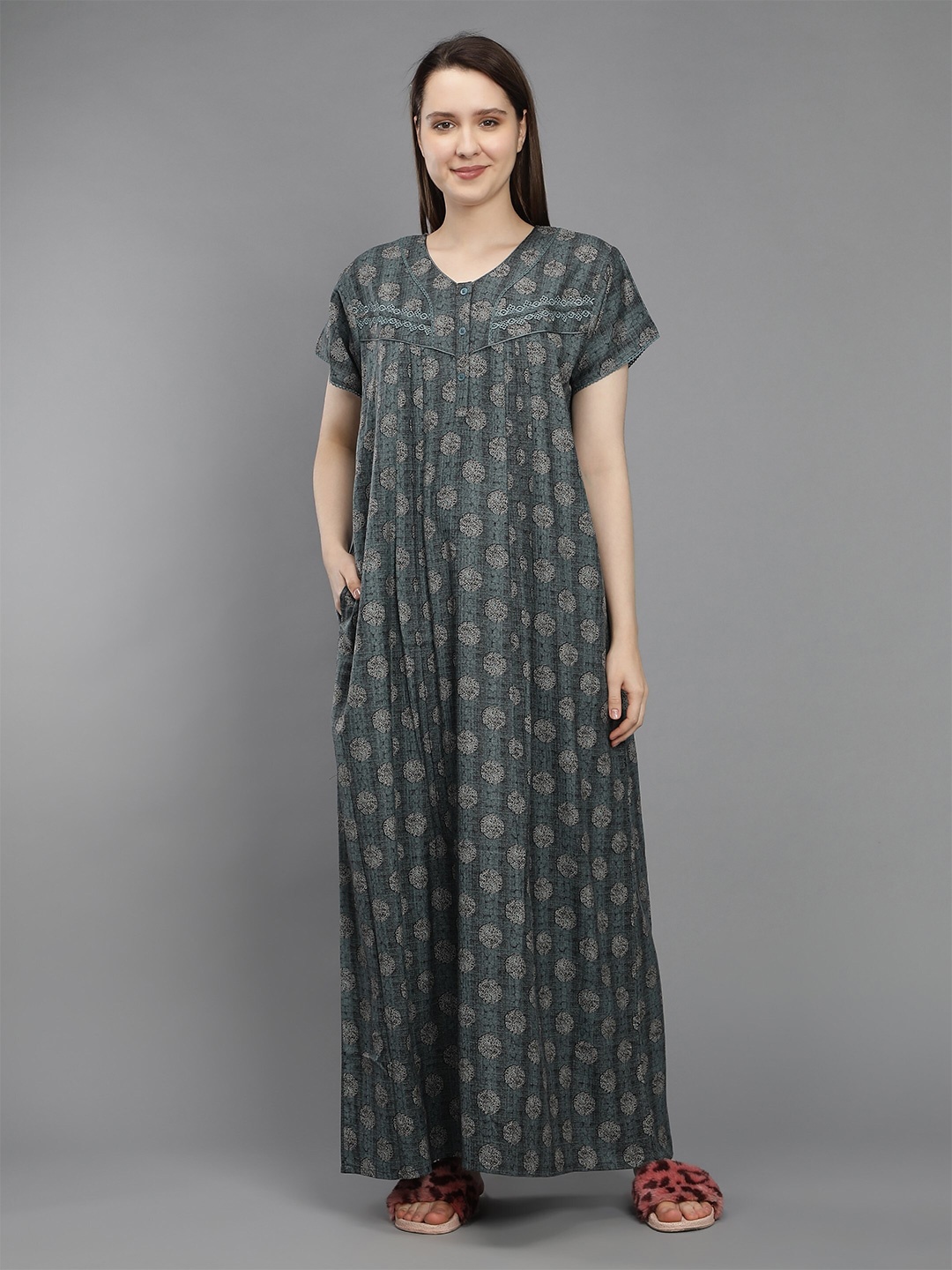 

NIGHTSPREE Blue Printed Maxi Pure Cotton Nightdress