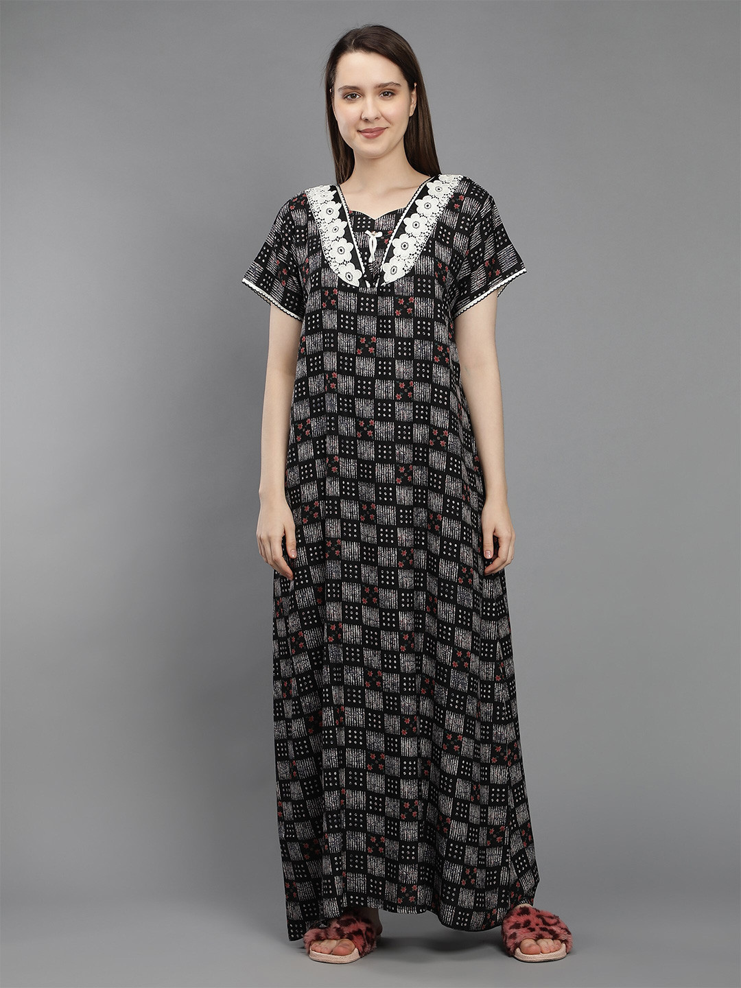 

NIGHTSPREE Black Printed Maxi Pure Cotton Nightdress
