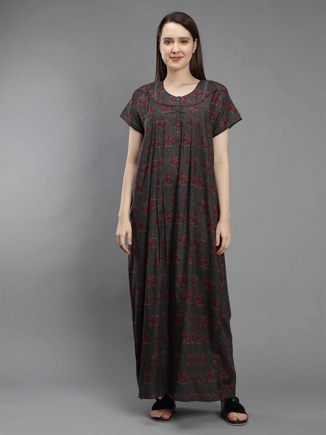 

NIGHTSPREE Grey Printed Maxi Pure Cotton Nightdress