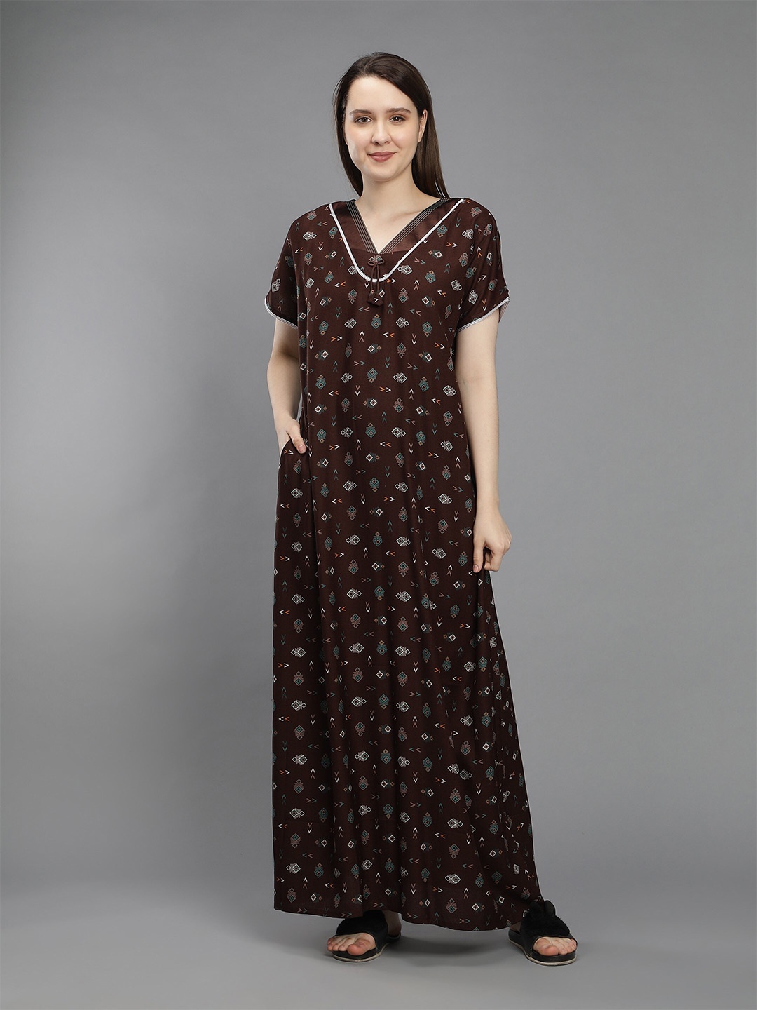 

NIGHTSPREE Brown Printed Maxi Pure Cotton Nightdress