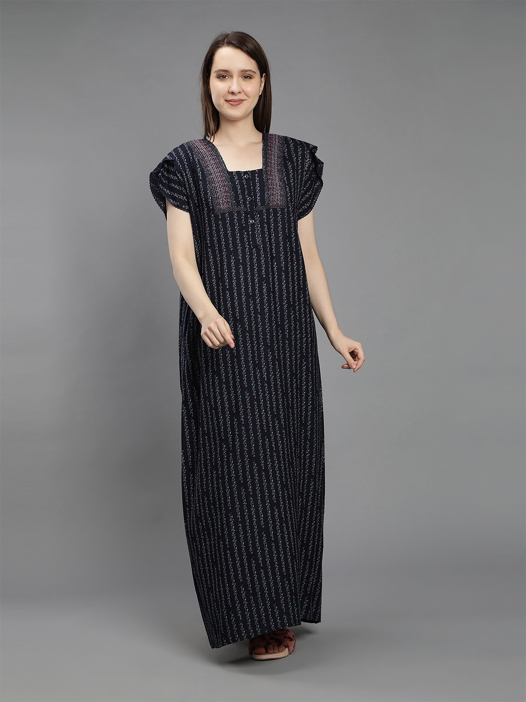

NIGHTSPREE Navy Blue Printed Maxi Pure Cotton Nightdress