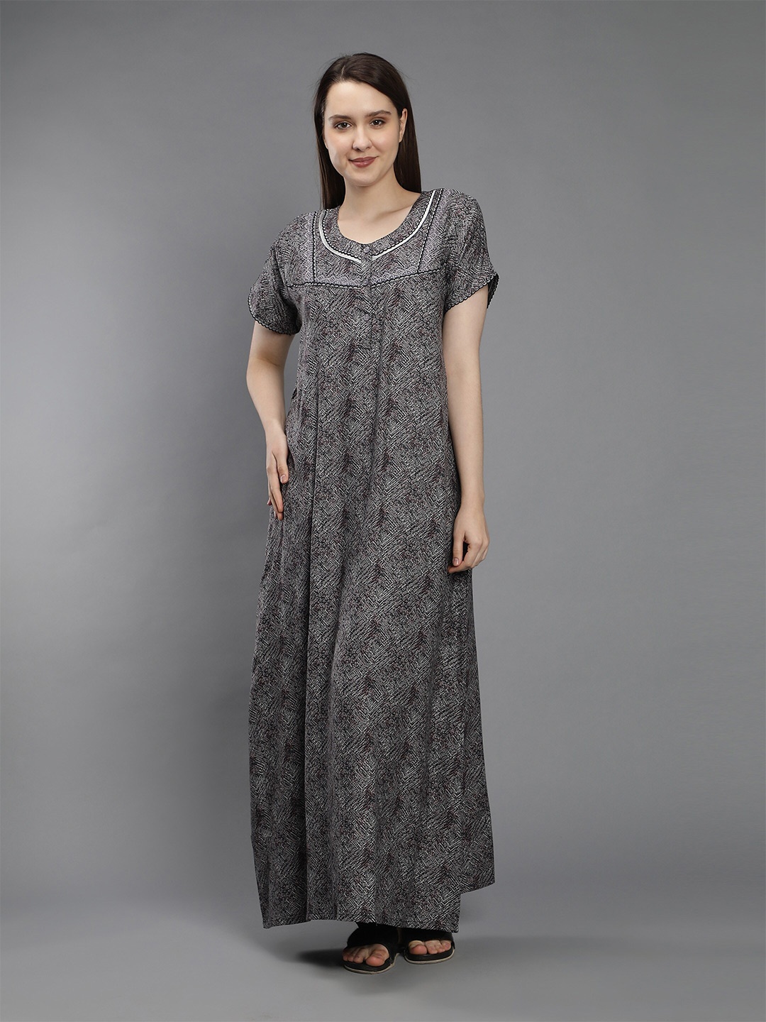 

NIGHTSPREE Grey Printed Maxi Pure Cotton Nightdress