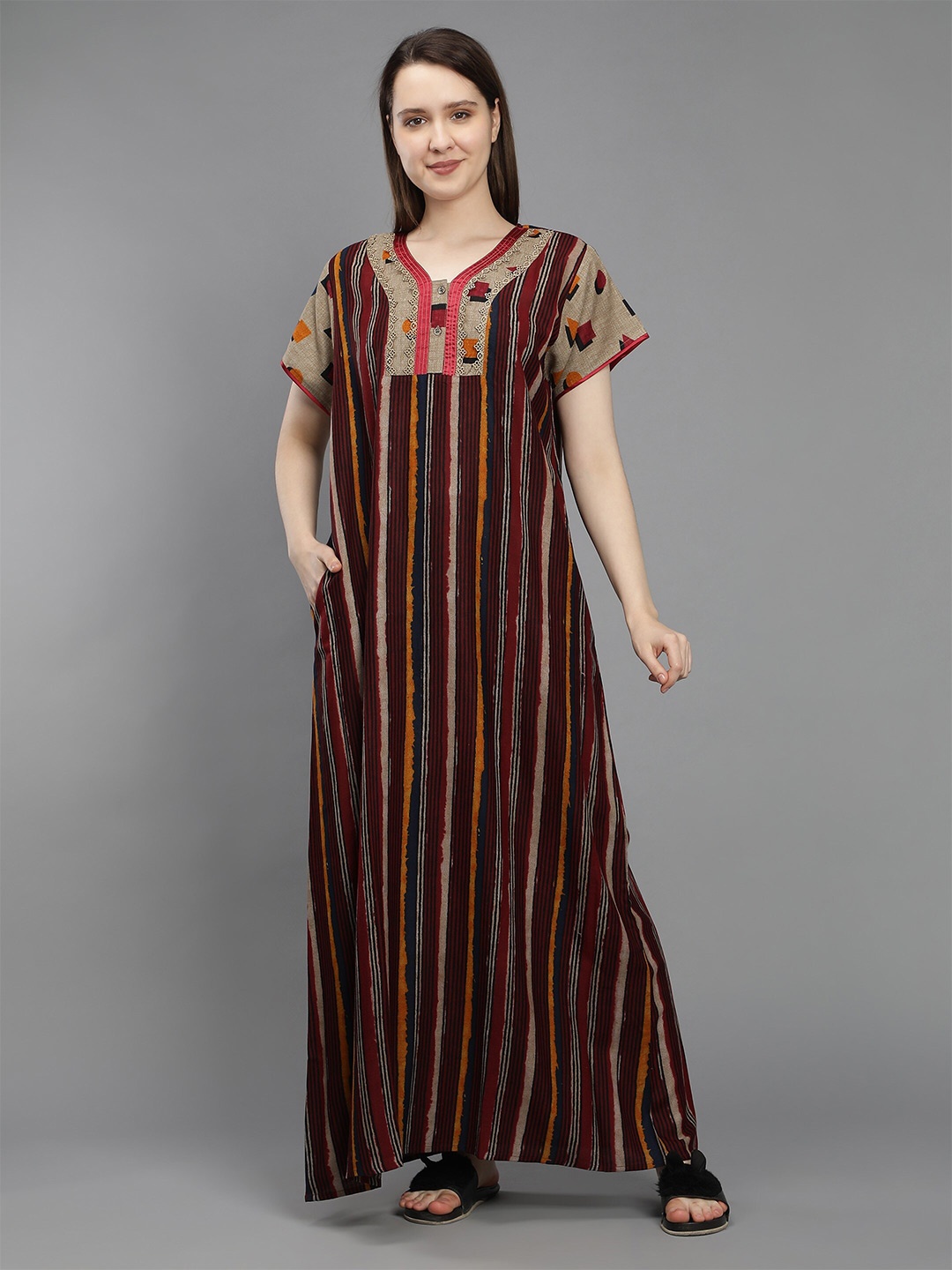 

NIGHTSPREE Red Striped Maxi Pure Cotton Nightdress