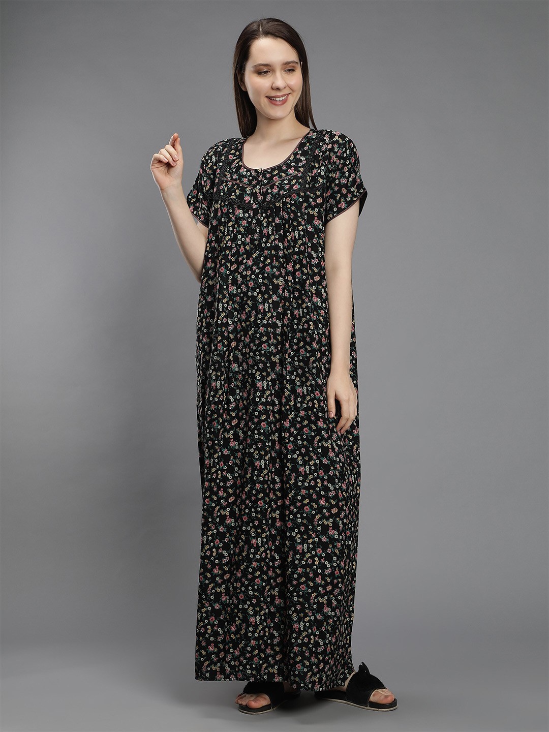 

NIGHTSPREE Black Printed Maxi Pure Cotton Nightdress