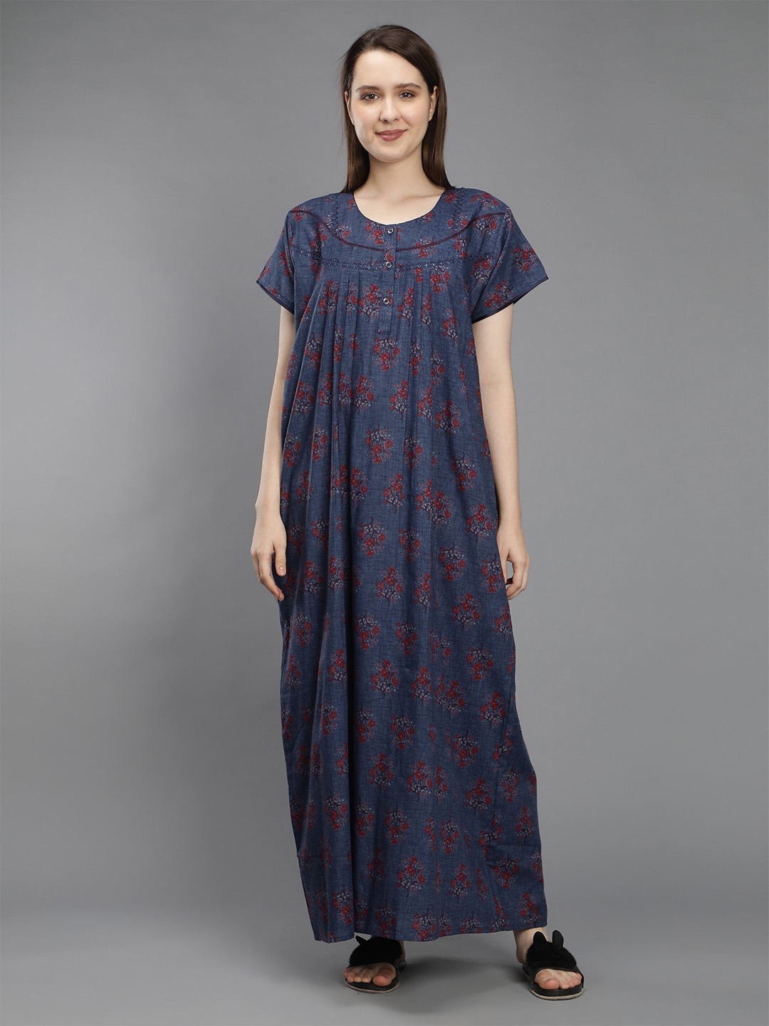 

NIGHTSPREE Blue Printed Maxi Pure Cotton Nightdress