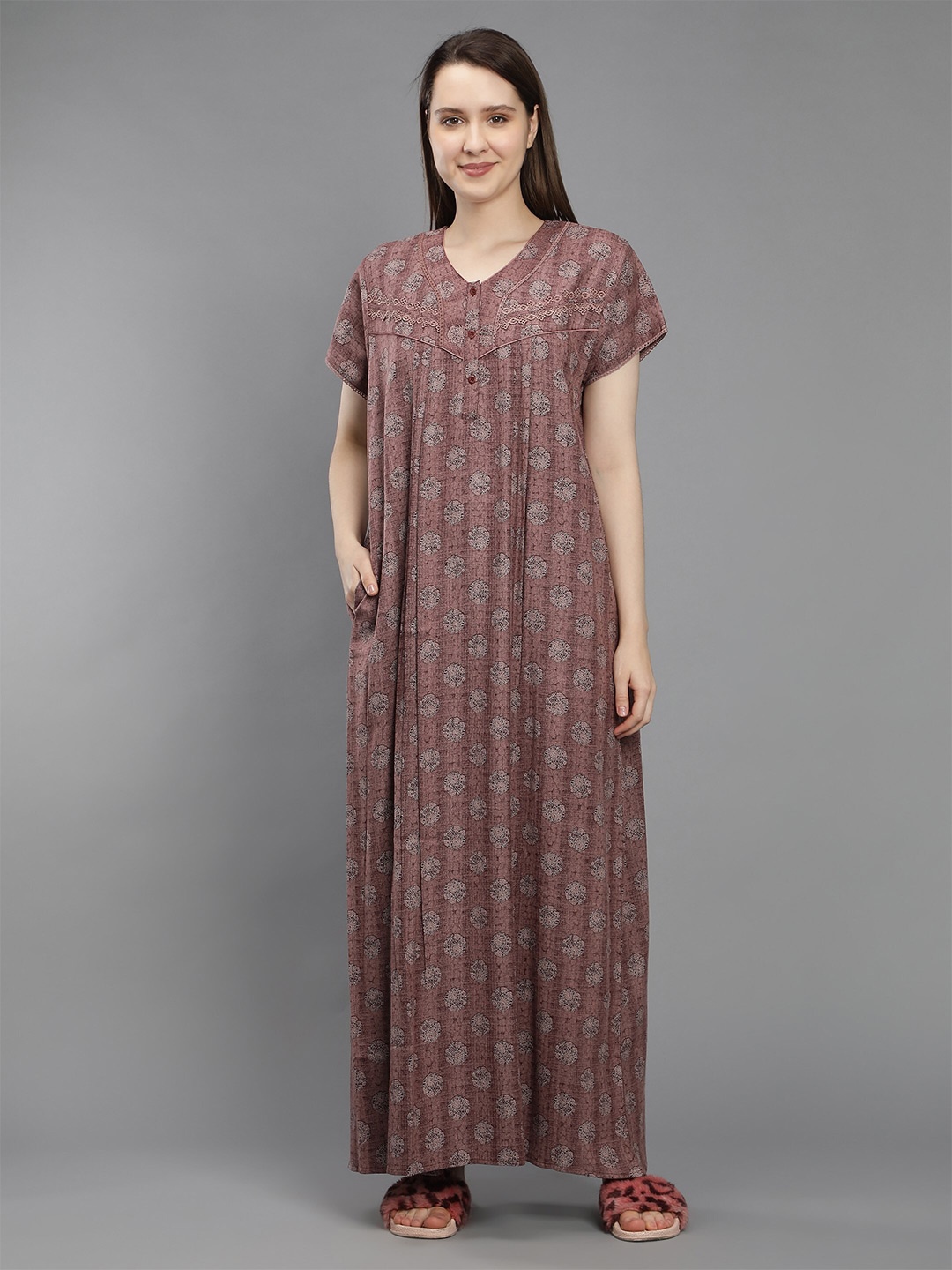 

NIGHTSPREE Peach-Coloured Printed Maxi Pure Cotton Nightdress