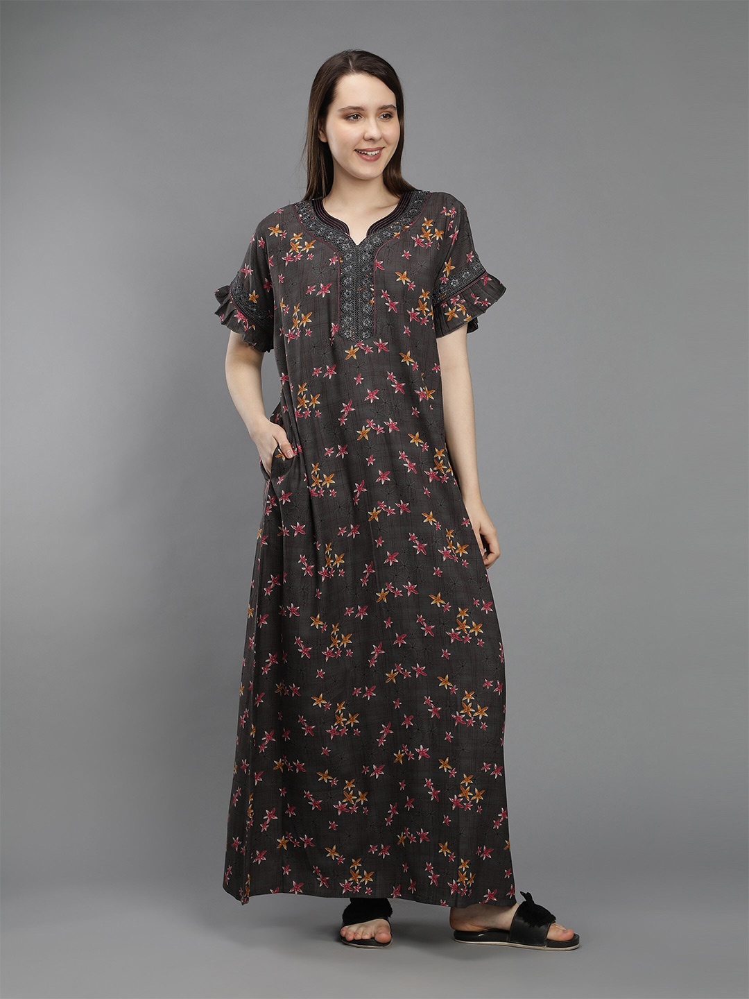 

NIGHTSPREE Grey Printed Maxi Nightdress