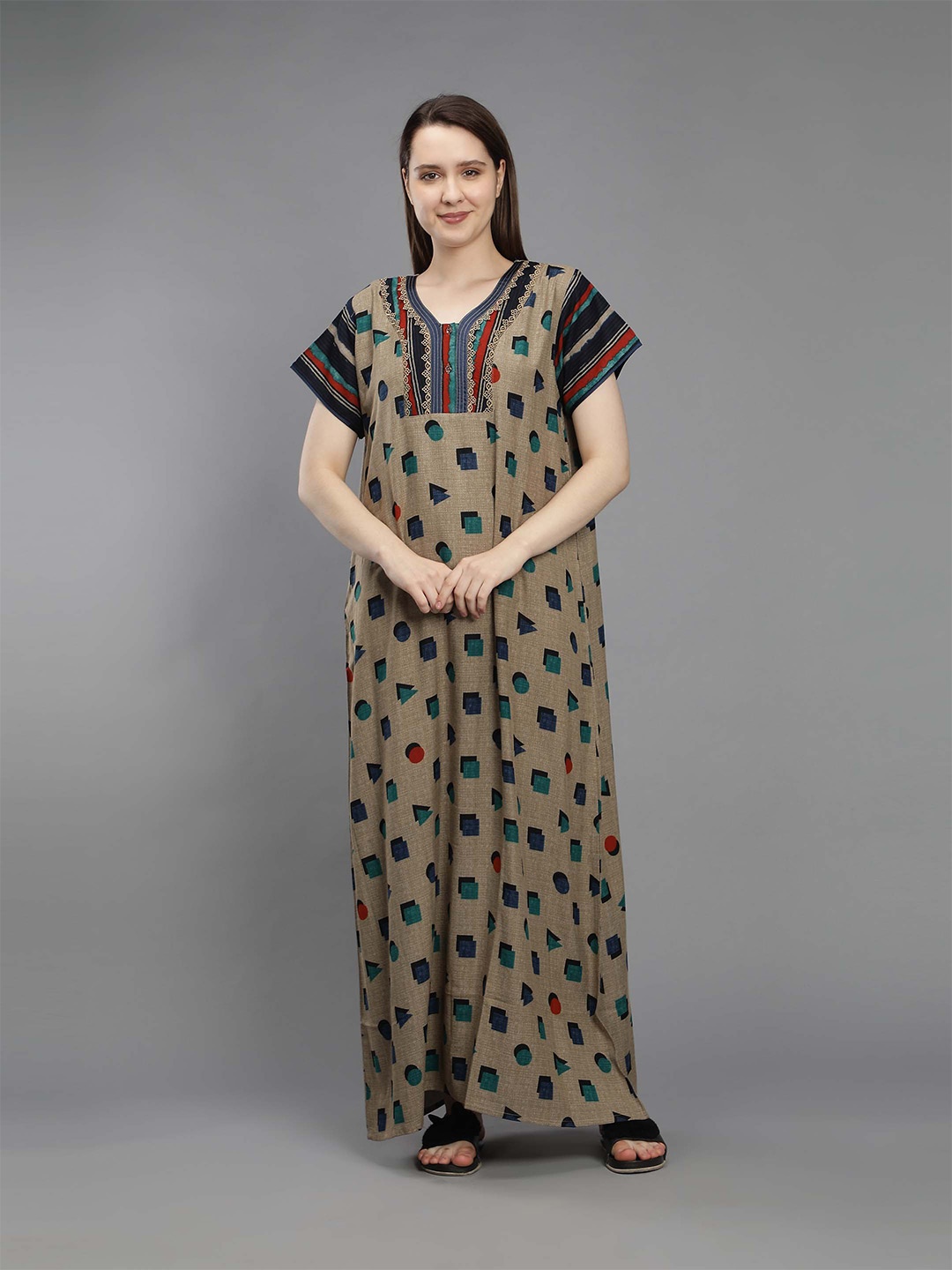 

NIGHTSPREE Blue Printed Maxi Pure Cotton Nightdress