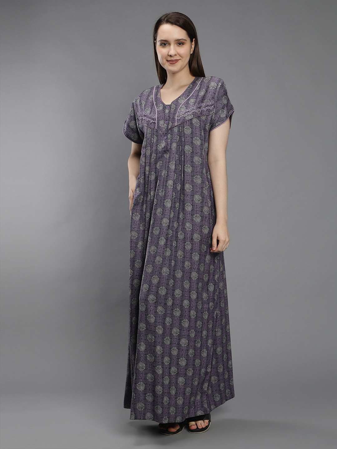

NIGHTSPREE Purple Printed Maxi Pure Cotton Nightdress