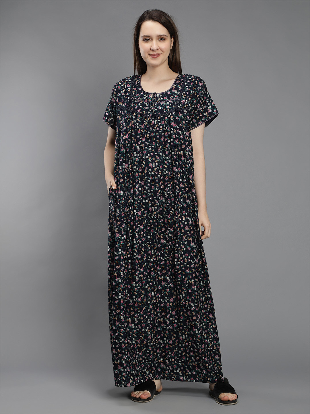

NIGHTSPREE Navy Blue Printed Maxi Pure Cotton Nightdress