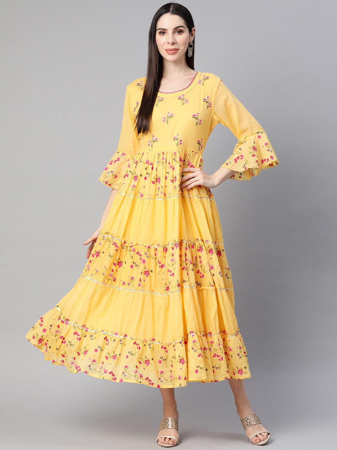 

Readiprint Fashions Yellow & Pink Pure Cotton Floral Ethnic Maxi Dress